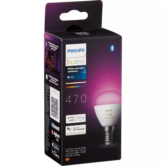 Philips Smart Lampe LED 5.1W für Fassung E14 und Form P45 RGBW 470lm 929003573601