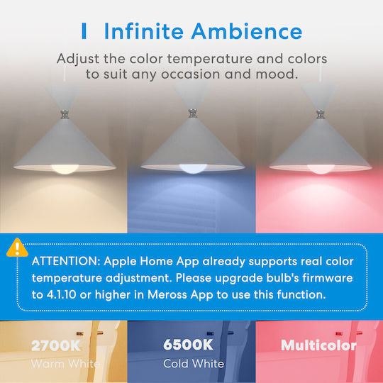 Meross Smart Lampe (Non-HomeKit) LED für Fassung E27 und Form A19 RGB 810lm Dimmbar