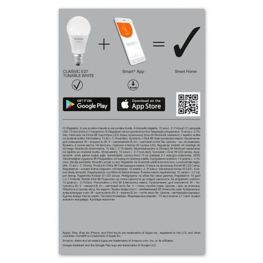 Ledvance Bec Smart LED 9W pentru Dulie E27 și Formă A60 Alb reglabil 806lm Reglabil în intensitate