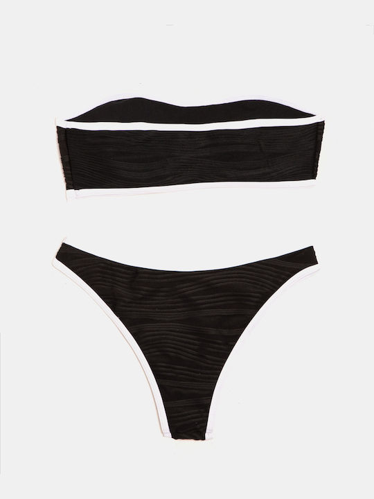 Trägerloses Texturiertes Hochtailliertes Bikini-Set Schwarz