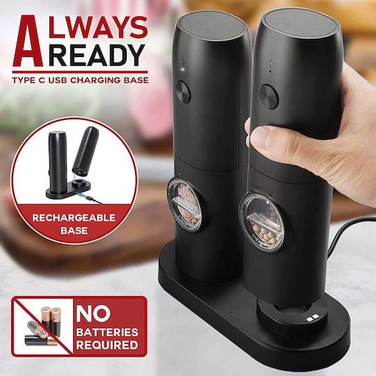 Set de 2 râșnițe electrice pentru condimente, încărcare USB, lumină LED, negru