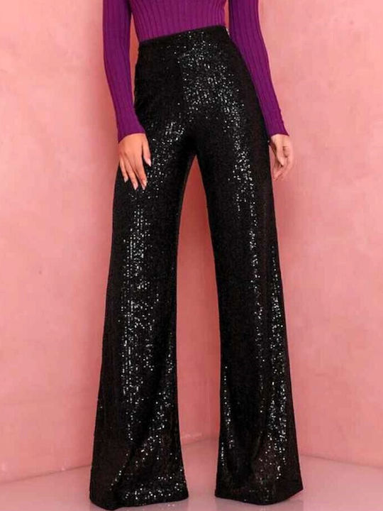 Women's High Waist Pantaloons with Rubber Band Black with Sequins