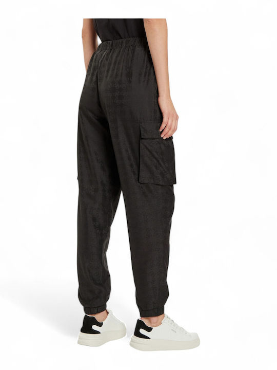 Guess Women's High-waisted Fabric Cargo Trousers with Elastic in Relaxed Fit Black