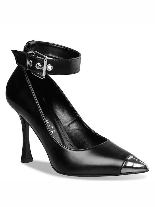 Envie Shoes Leather Stiletto Black High Heels with Strap