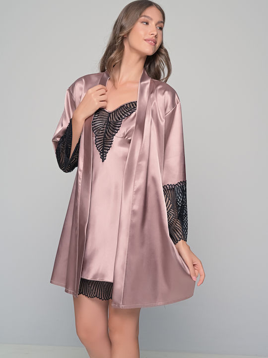 Milena by Paris Χειμερινό Σατέν Γυναικείο Νυχτικό με String Μόκκα-μαύρο - Καφέ