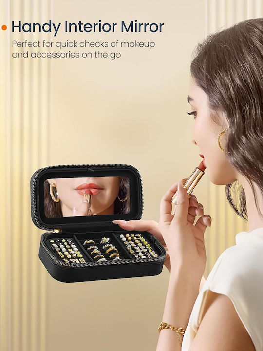 Portable Jewelry Box Mirror Zipper 10.5 X 20.5 X 6 cm Black Jbc180b01 Songmics