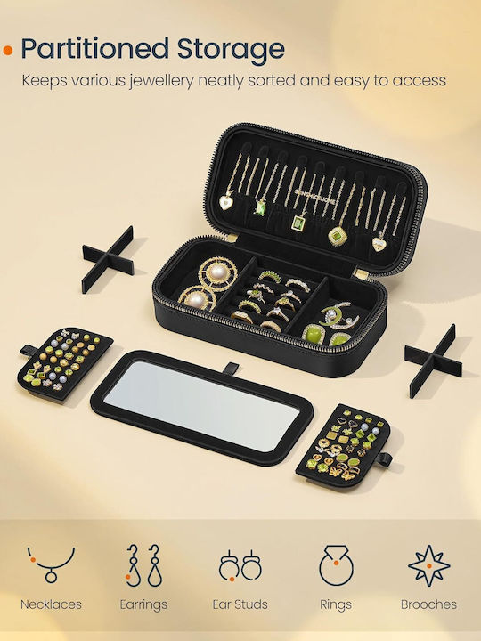 Portable Jewelry Box Mirror Zipper 10.5 X 20.5 X 6 cm Black Jbc180b01 Songmics