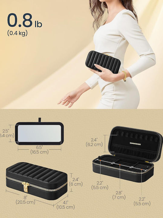 Portable Jewelry Box Mirror Zipper 10.5 X 20.5 X 6 cm Black Jbc180b01 Songmics