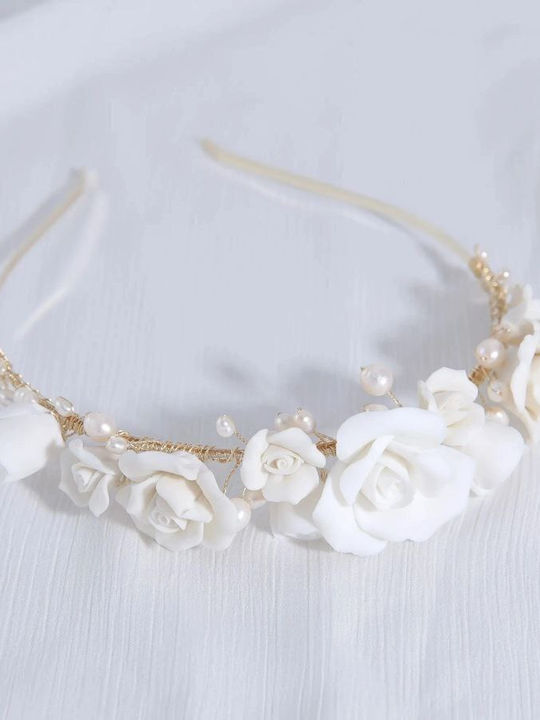 Bridal Headband Ceramic White Flower Petals White Pearls Azalia