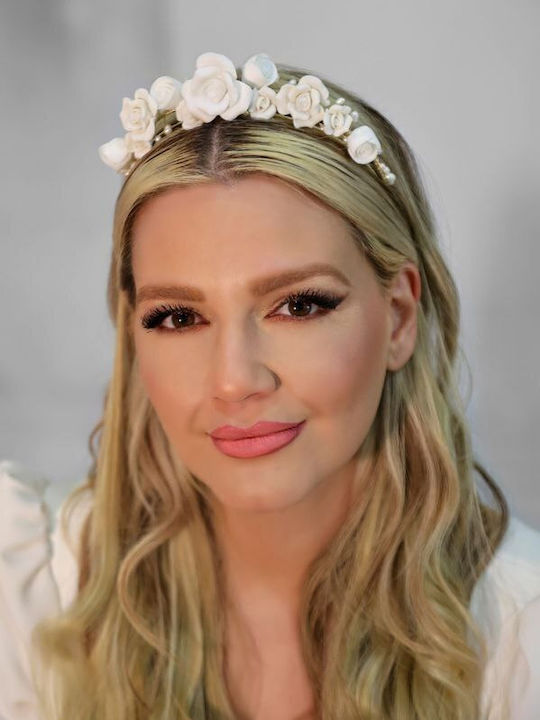 Bridal Headband Ceramic White Flower Petals White Pearls Azalia