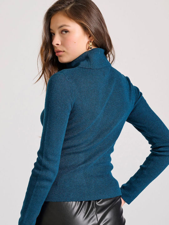 Bluze Damă Cu Mânecă Lungă Tricotat Cu Guler Înalt Bleu