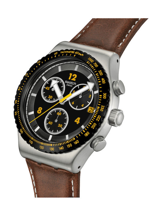 Swatch Unisex Men's Watch Chronograph Battery with Brown Leather Strap