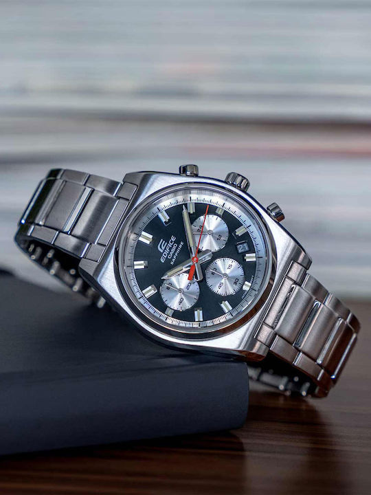Casio Edifice Herrenuhr 47mm Chronograph Batterie mit Silber Metallarmband