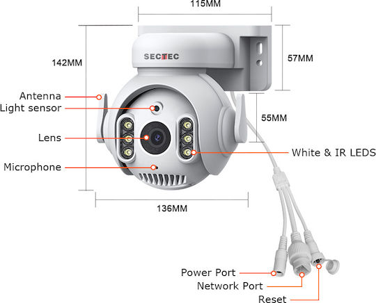 Sectec ST-515C-3MTY IP Überwachungskamera Wi-Fi Full HD+ 3MP Wasserdicht mit Zwei-Wege-Kommunikation und Objektiv 3.6mm