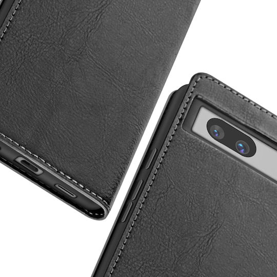 Husă din piele Avizar pentru Google Pixel 7a, tip clapetă, cu suport video, neagră