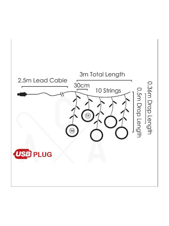 125 Lichterketten LED 2.5m. x 50cm Warmes Weiß USB Typ Regen 1Stück
