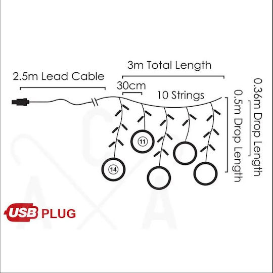 125 Lichterketten LED 2.5m. x 50cm Warmes Weiß USB Typ Regen 1Stück
