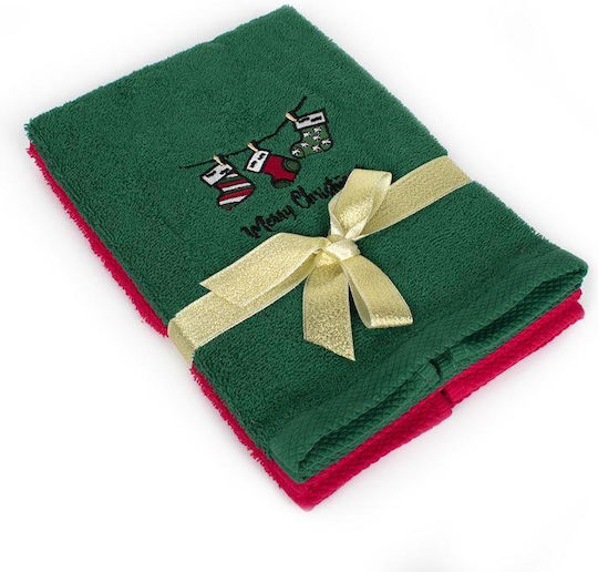 Dimcol Χριστουγεννιάτικο Σετ Πετσέτες 2 Τεμ 40x60 Christmas Socks Κόκκινο-πράσινο 100% Cotton