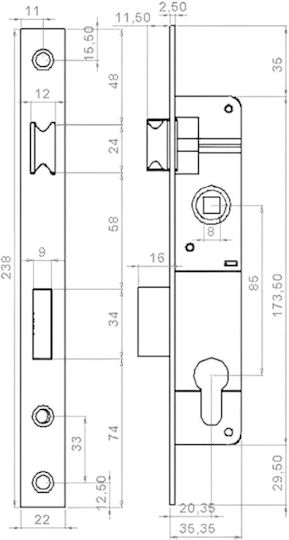 Gevy Recessed Lock with Cylinder and Center 20mm