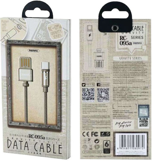 Remax Gravity RC-095a Braided Magnetic USB 2.0 Cable USB-C Male to USB-A Gray 1m