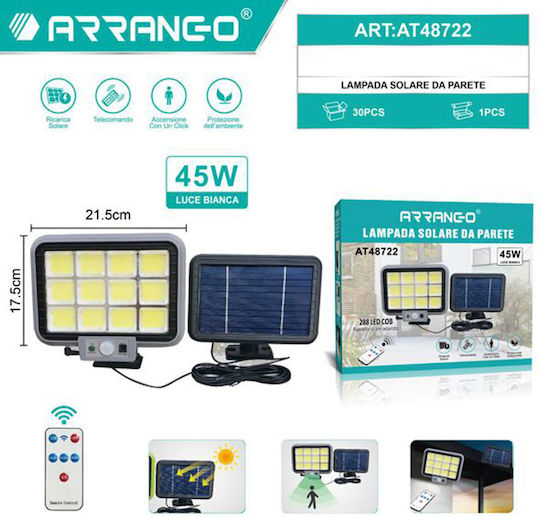 Arrango At48722 Wall Mounted Solar Light 45W Cold White 6000K with Motion Sensor, Photocell and Remote Control
