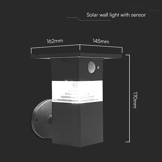 V-TAC Wall Mounted Solar Light 3W 250lm Warm White 3000K with Motion Sensor IP54 16.2cmx14.5cmx17cmcm