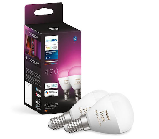 Philips Becuri Smart LED 5.1W pentru Dulie E14 și Formă P45 RGBW 470lm Reglabil în intensitate 2buc