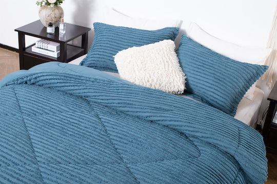 Saray Home Set Pilotă Super Dublu cu Umplutură Microfiber 220x240cm Ruffles Benzină 3buc 200 g/mp²Gsm
