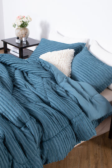 Saray Home Set Pilotă Super Dublu cu Umplutură Microfiber 220x240cm Ruffles Benzină 3buc 200 g/mp²Gsm