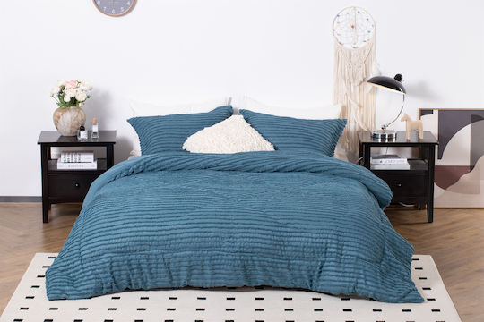 Saray Home Set Pilotă Super Dublu cu Umplutură Microfiber 220x240cm Ruffles Benzină 3buc 200 g/mp²Gsm