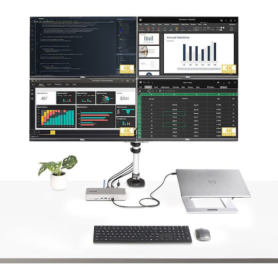 StarTech Thunderbolt 4 Docking Station με HDMI/DisplayPort 4K PD Ethernet και σύνδεση 4 Οθονών Ασημί (132UE-TB4USB4DOCK)