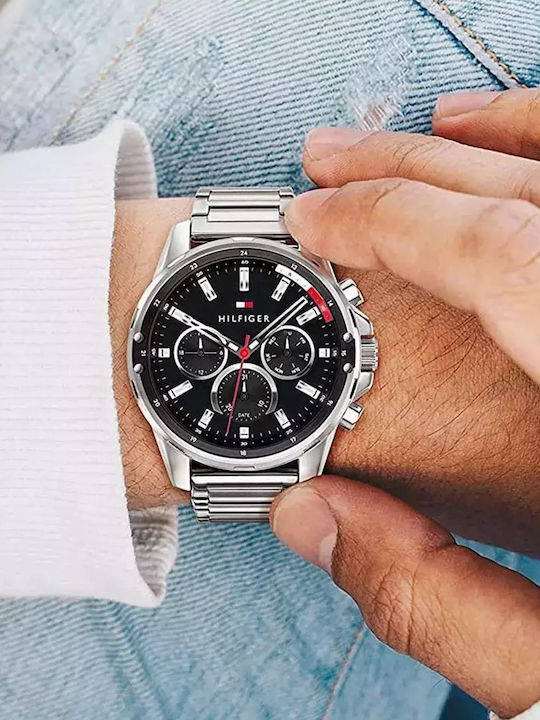 Tommy Hilfiger Mason Ανδρικό Ρολόι 45mm Χρονογράφος Μπαταρίας με Ασημί Μεταλλικό Μπρασελέ