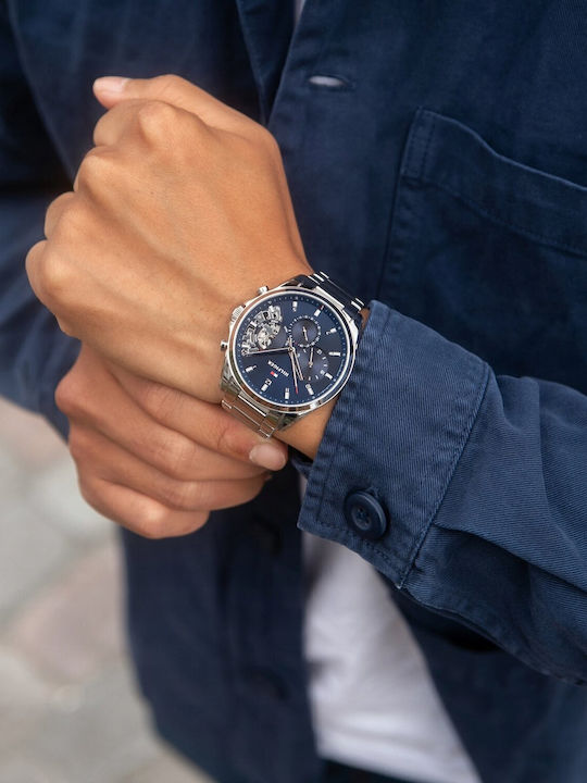 Tommy Hilfiger Baker Herrenuhr 44mm Chronograph Batterie mit Silber Metallarmband