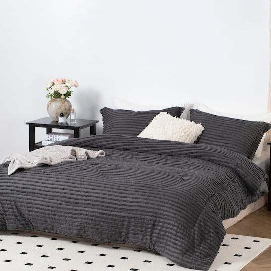 Saray Home Duvet Set Queen with Microfiber Filling 220x240cm Ruffles Charcoal 3pcs 200 GSMGsm