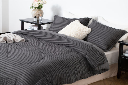 Saray Home Duvet Set Queen with Microfiber Filling 220x240cm Ruffles Charcoal 3pcs 200 GSMGsm