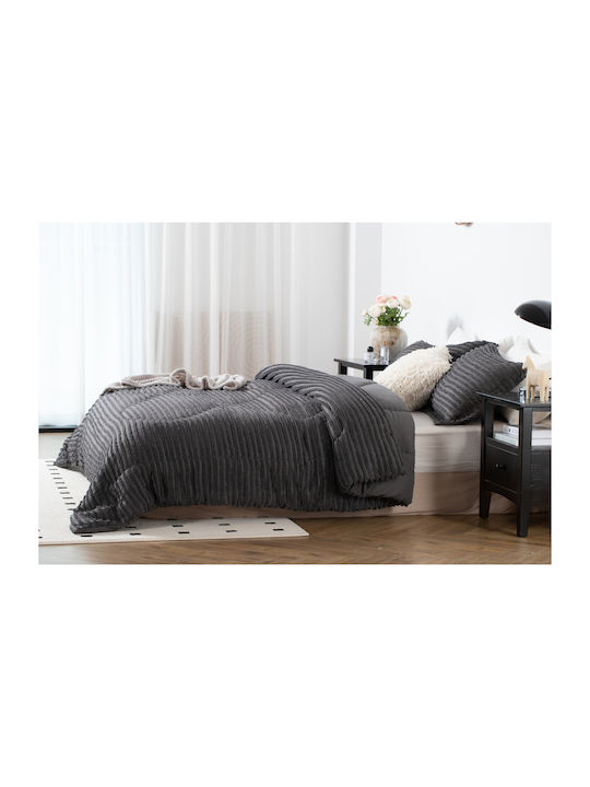 Saray Home Duvet Set Queen with Microfiber Filling 220x240cm Ruffles Charcoal 3pcs 200 GSMGsm