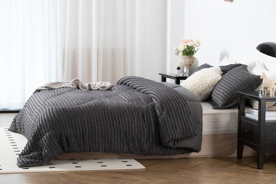 Saray Home Duvet Set Queen with Microfiber Filling 220x240cm Ruffles Charcoal 3pcs 200 GSMGsm