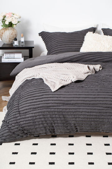 Saray Home Duvet Set Queen with Microfiber Filling 220x240cm Ruffles Charcoal 3pcs 200 GSMGsm