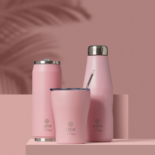 Estia Travel Cup Save The Aegean Recyclable Glass Thermos Stainless Steel / Plastic BPA Free 500ml Blossom Rose with Straw