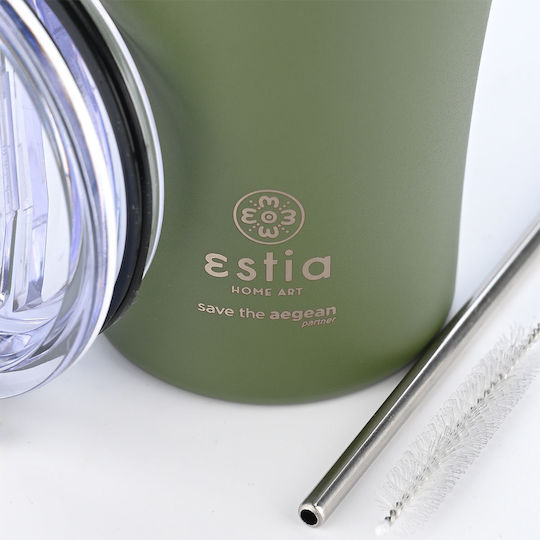 Estia Coffee Mug Save The Aegean Recyclable Glass Thermos Stainless Steel BPA Free 500ml Forest Spirit with Straw