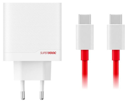 OnePlus Ladegerät GaN mit USB-A Anschluss und USB-C Anschluss und Kabel USB-C - USB-C 80W Stromlieferung Weißs (SUPERVOOC)