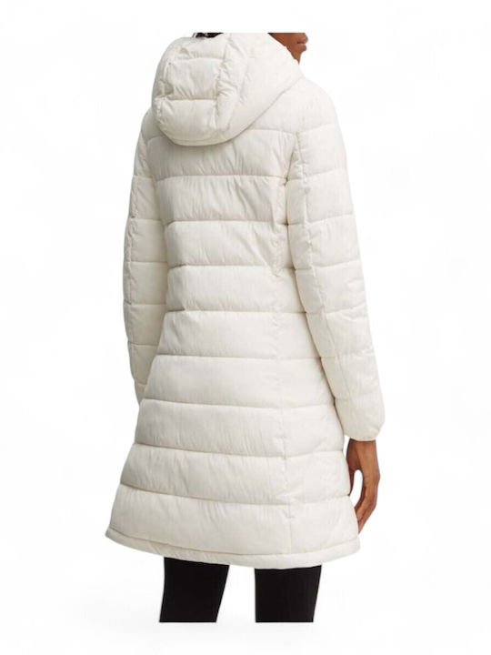 Women's Long Puffer Jacket for Winter with Hood White