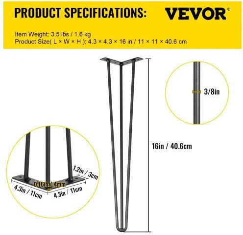 Set de 4 picioare de masă negre Vevor 16" pentru mobilier rezistent Tzzt4pcs16yc3g001v0