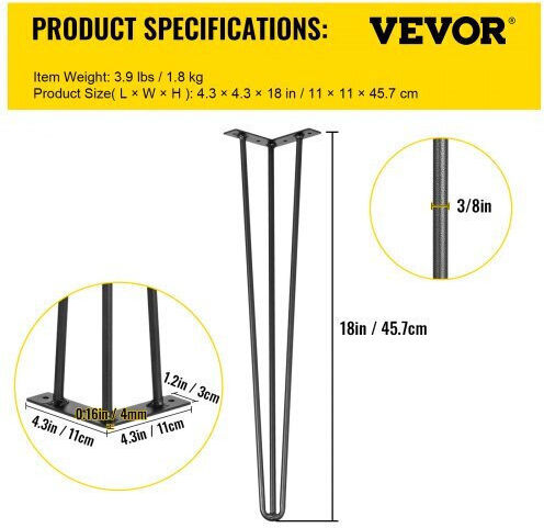 Set of 4 Black Vevor Hairpin Table Legs 18" Furniture 220lbs Capacity 3 Rods Heavy Duty Carbon Steel Tzzt4pcs18yc3g001v0