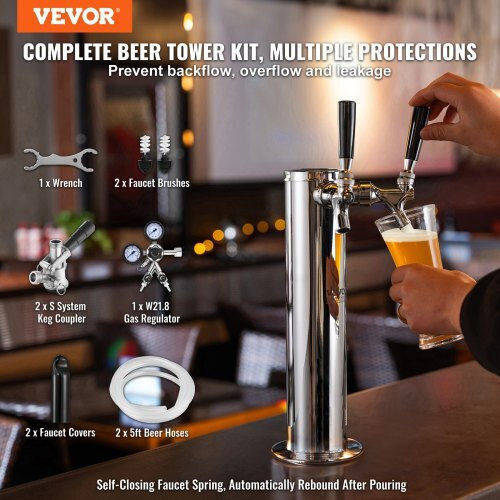 Vevor Kegerator Tower Set Dual Faucet Beer Stainless Steel Dispenser Regulator & Coupler S-system Ltjzsbdyqohqd3ppzv0