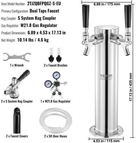 Vevor Kegerator Tower Set Dual Faucet Beer Stainless Steel Dispenser Regulator & Coupler S-system Ltjzsbdyqohqd3ppzv0