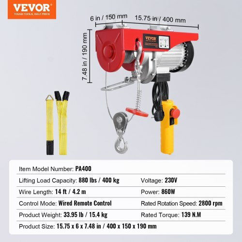 Vevor Electric Hoist for Weight Load up to 400kg