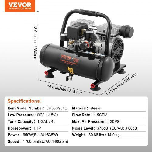Vevor Κομπρεσέρ Αέρος 68dB με Ισχύ 1hp και Αεροφυλάκιο 4lt