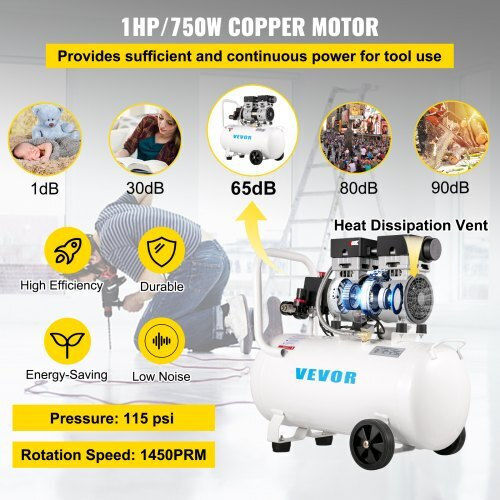 Vevor Cu o singură fază Compresor de aer 68dB cu Putere 1hp și Rezervor de aer 11lt WSKYJ750-50L00001V2
