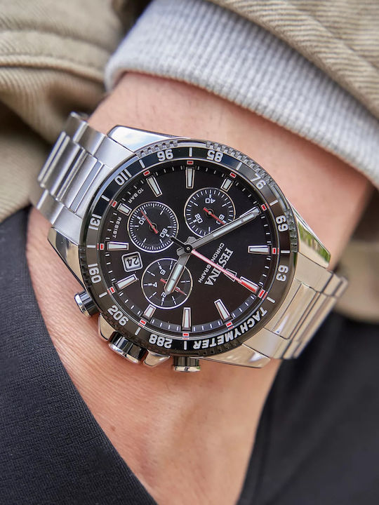 Festina Ανδρικό Ρολόι 45mm Χρονογράφος Μπαταρίας με Ασημί Μεταλλικό Μπρασελέ